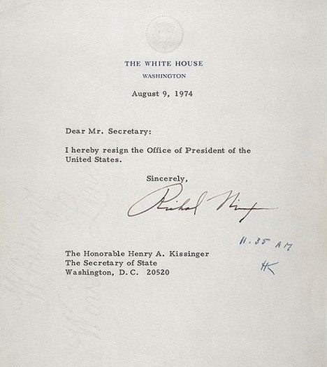 Aug 09, 1974 Nixon Resignation Letter to Henry Kissinger [Source U. S. National Archive]