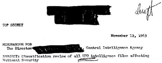 Nov12,1963 Censored Top Secret Memorandum to CIA Director UFO National Security Classification Review [Caddy JFK Letter]