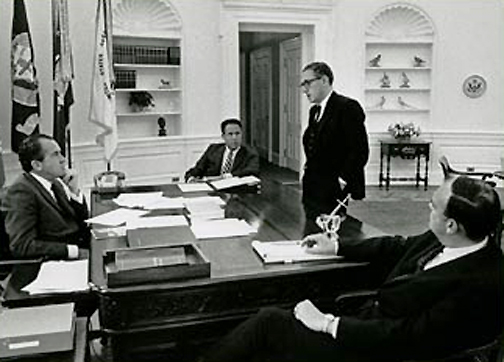 Richard M. Nixon, U. S. President from 1968 until his forced resignation over the Watergate break-in scandal on August 9, 1974 [CaddyNixonHaldemanKissingerErlichman]