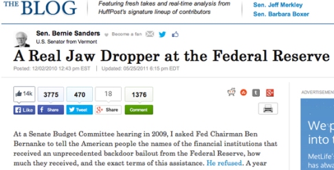 The Blog of U. S. Bernie Sanders (D-Vermont), Huffington Post, December 2, 2010, and updated May 25, 2011 [CaddySenSandersFedReserveRefuse120210]