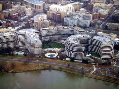 Watergate is an office-hotel-apartment complex near the Potomac River in Washington, D. C. [CaddyWatergateAerial]